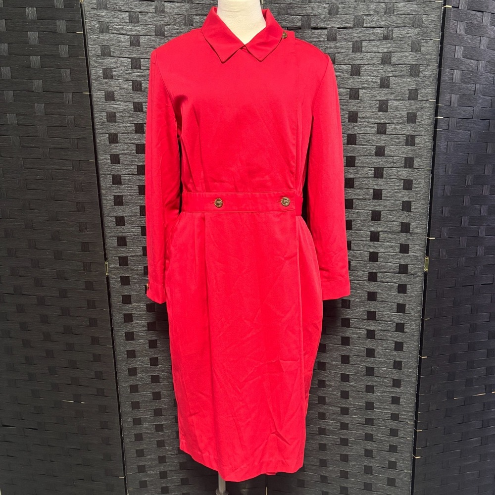 Vintage Bold Red‎ Faux Wrap Midi Dress Sz 16A Button Front Lapel Collar